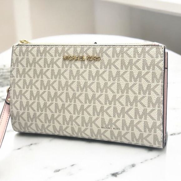 Michael Kors Large Jet Set Travel Double Zip Wallet Powder Blush Multi - Picture 1 of 9